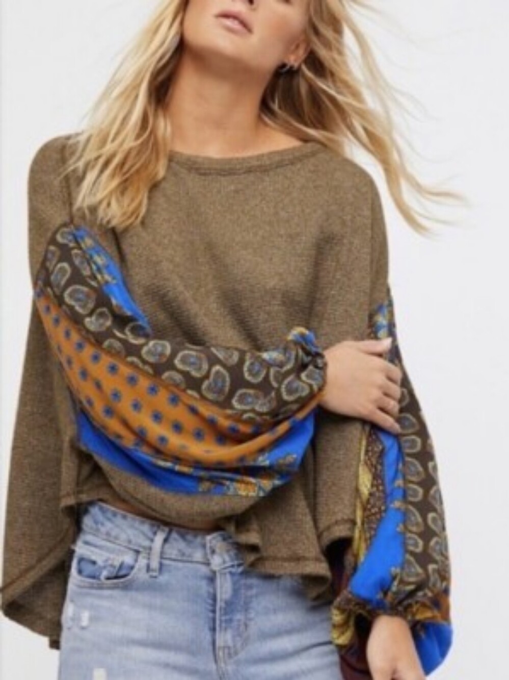 Free People We the Free Blossom Silk Balloon Sleeve Thermal Boho Olive Combo